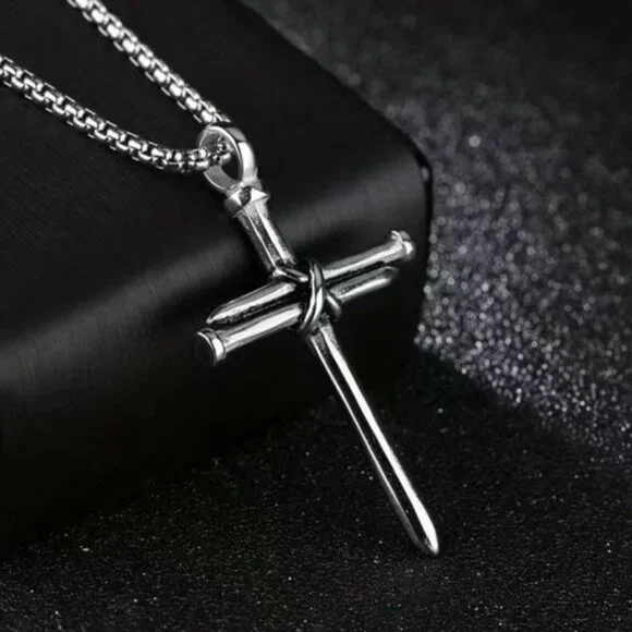 !! Sold Cross 3 Nail Necklace Religious Christian Statement Steel Silver Unisex - Picture 12 of 13